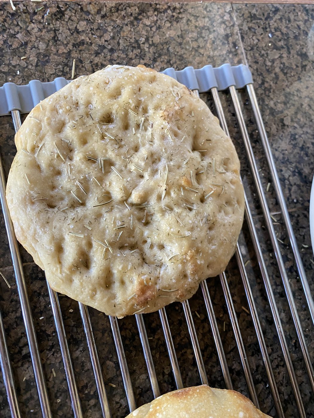 Rosemary flatbread, dimpled hard — the loaf that came out
